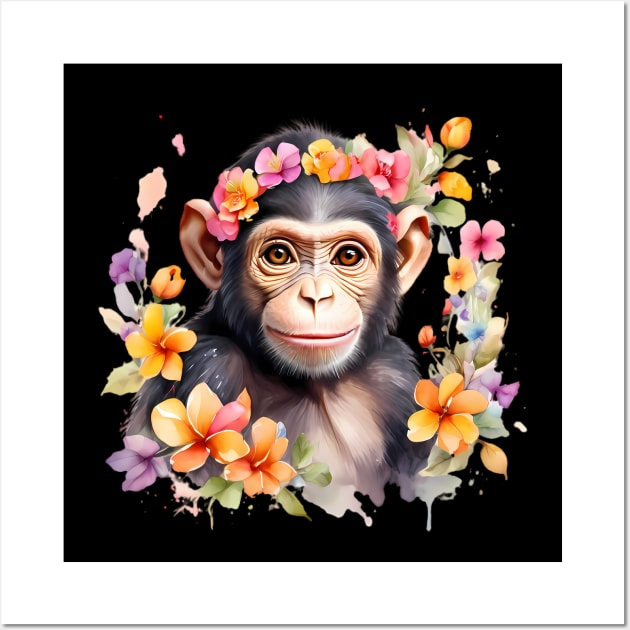 A baby chimpanzee decorated with beautiful watercolor flowers Wall Art by CreativeSparkzz